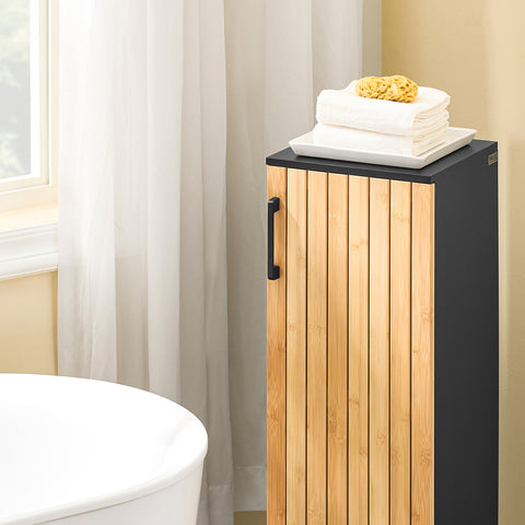 SoBuy BZR203-SCH Kapea bambuovellinen kylpyhuonekaappi – moderni säilytysratkaisu WC:hen, kylpyhuoneeseen tai keittiöön, tilaa säästävä 30x30x90 cm