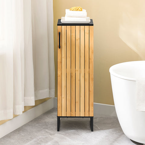 SoBuy BZR203-SCH Kapea bambuovellinen kylpyhuonekaappi – moderni säilytysratkaisu WC:hen, kylpyhuoneeseen tai keittiöön, tilaa säästävä 30x30x90 cm