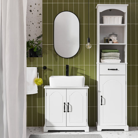 SoBuy BZR205-W Allaskaapin Aluskaappi Kylpyhuoneeseen 60 cm, Pieni Säilytyskaappi Säädettävillä Hyllyillä, Kompakti ja Kosteudenkestävä Allaskaappi Puusta, Valkoinen