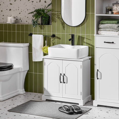 SoBuy BZR205-W Allaskaapin Aluskaappi Kylpyhuoneeseen 60 cm, Pieni Säilytyskaappi Säädettävillä Hyllyillä, Kompakti ja Kosteudenkestävä Allaskaappi Puusta, Valkoinen