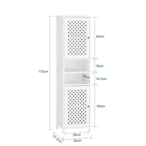SoBuy BZR209-W Korkea kylpyhuonekaappi 2 ovella ja avohyllyillä – MDF E1 kylpyhuoneen säilytyskaappi, max. kantavuus 60 kg, 45x41,5x170 cm