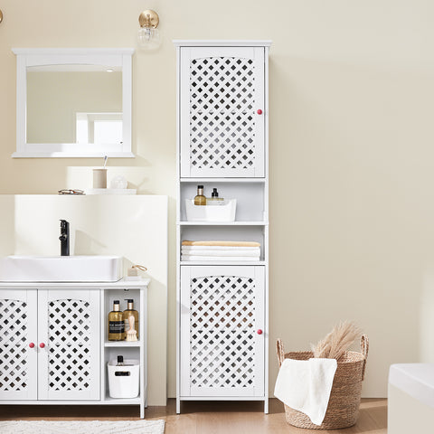 SoBuy BZR209-W Korkea kylpyhuonekaappi 2 ovella ja avohyllyillä – MDF E1 kylpyhuoneen säilytyskaappi, max. kantavuus 60 kg, 45x41,5x170 cm