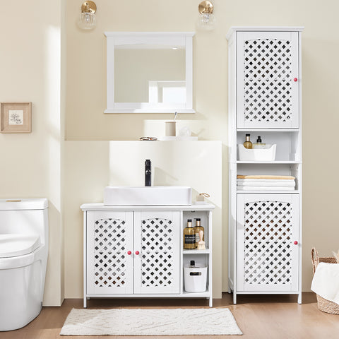 SoBuy BZR210-W Allaskaapin Aluskaappi, 2 Ovea ja Avohylly – MDF E1 -materiaalia, Säädettävä Hylly, Kantavuus 42 kg – Kylpyhuonekaappi 80x31,5x60,5 cm