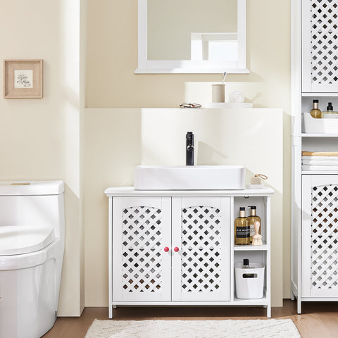 SoBuy BZR210-W Allaskaapin Aluskaappi, 2 Ovea ja Avohylly – MDF E1 -materiaalia, Säädettävä Hylly, Kantavuus 42 kg – Kylpyhuonekaappi 80x31,5x60,5 cm