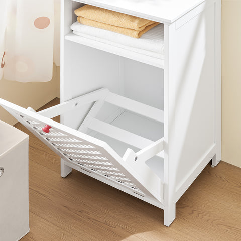 SoBuy BZR211-W kylpyhuonekaluste pyykkikorilla ja avohyllyllä – WC-kaappi säilytykseen, MDF E1 & kuitukangas, kantavuus 30 kg, valkoiset ritiläovet punaisilla vetimillä, 45x41,5x87 cm