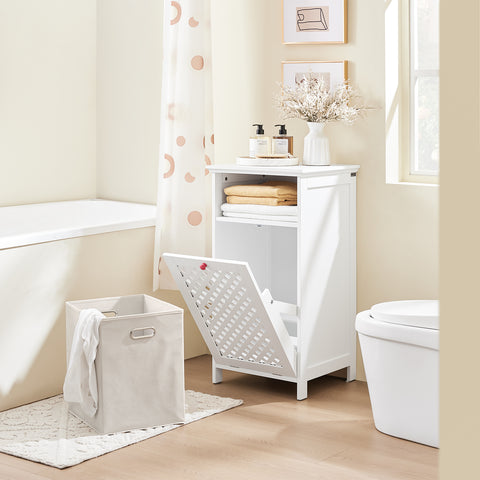 SoBuy BZR211-W kylpyhuonekaluste pyykkikorilla ja avohyllyllä – WC-kaappi säilytykseen, MDF E1 & kuitukangas, kantavuus 30 kg, valkoiset ritiläovet punaisilla vetimillä, 45x41,5x87 cm