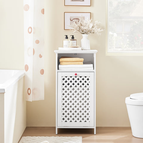 SoBuy BZR211-W kylpyhuonekaluste pyykkikorilla ja avohyllyllä – WC-kaappi säilytykseen, MDF E1 & kuitukangas, kantavuus 30 kg, valkoiset ritiläovet punaisilla vetimillä, 45x41,5x87 cm
