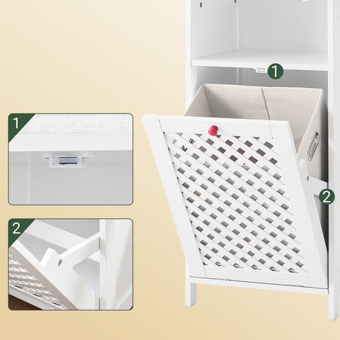 SoBuy BZR211-W kylpyhuonekaluste pyykkikorilla ja avohyllyllä – WC-kaappi säilytykseen, MDF E1 & kuitukangas, kantavuus 30 kg, valkoiset ritiläovet punaisilla vetimillä, 45x41,5x87 cm