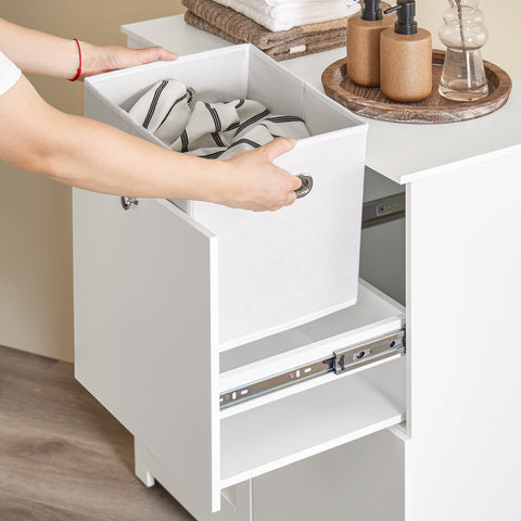 SoBuy BZR213-W Kylpyhuoneen kaappi, jossa 3 pyykkikoria – kapea säilytyskaappi 78x38x90 cm, 1 suuri integroitu pyykkikori ja 2 irrotettavaa kangaskoria – tilaa säästävä kylpyhuoneen säilytysratkaisu