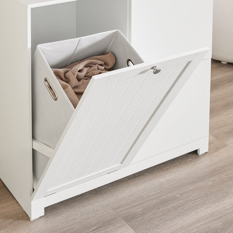 SoBuy BZR213-W Kylpyhuoneen kaappi, jossa 3 pyykkikoria – kapea säilytyskaappi 78x38x90 cm, 1 suuri integroitu pyykkikori ja 2 irrotettavaa kangaskoria – tilaa säästävä kylpyhuoneen säilytysratkaisu