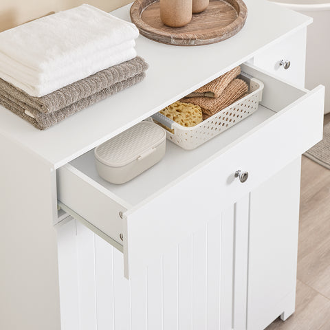 SoBuy BZR214-W Kylpyhuoneen kaappi pyykkikorilla – Säilytyspylväs, jossa 1 laatikko ja liukuva osasto, vedenkestävä kylpyhuonekaappi 78x38x90 cm – Ihanteellinen WC:hen, pesualtaan tai kylpyhuoneen käyttöön
