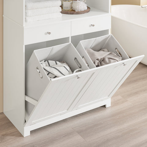 SoBuy BZR215-W Kylpyhuoneen korkea kaappi – 2 pyykkikoria ja 2 laatikkoa, 78x38x181 cm, suljettu kaappi avoimella hyllyllä – tilaa säästävä säilytysratkaisu WC:hen ja kylpyhuoneeseen