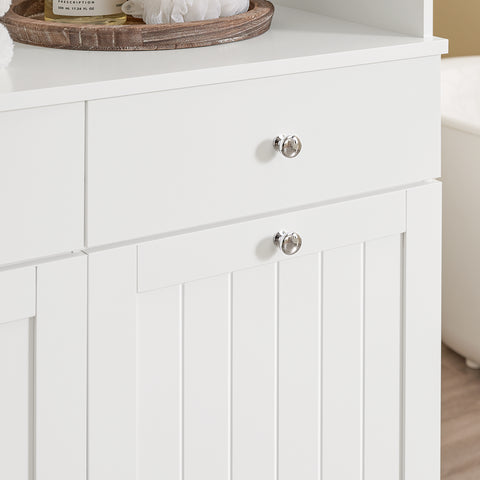 SoBuy BZR215-W Kylpyhuoneen korkea kaappi – 2 pyykkikoria ja 2 laatikkoa, 78x38x181 cm, suljettu kaappi avoimella hyllyllä – tilaa säästävä säilytysratkaisu WC:hen ja kylpyhuoneeseen