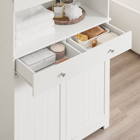 SoBuy BZR215-W Kylpyhuoneen korkea kaappi – 2 pyykkikoria ja 2 laatikkoa, 78x38x181 cm, suljettu kaappi avoimella hyllyllä – tilaa säästävä säilytysratkaisu WC:hen ja kylpyhuoneeseen