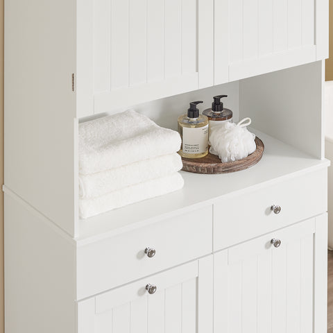 SoBuy BZR215-W Kylpyhuoneen korkea kaappi – 2 pyykkikoria ja 2 laatikkoa, 78x38x181 cm, suljettu kaappi avoimella hyllyllä – tilaa säästävä säilytysratkaisu WC:hen ja kylpyhuoneeseen