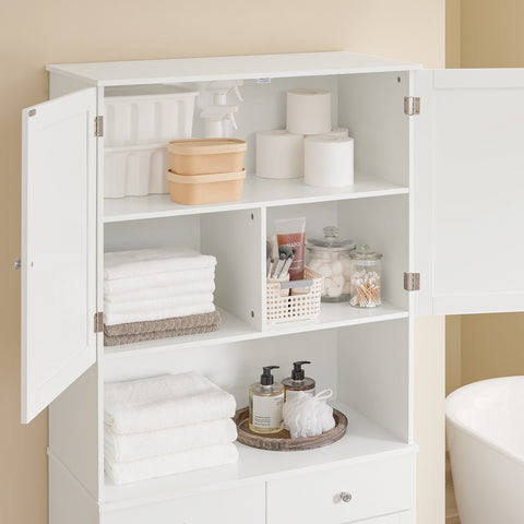 SoBuy BZR215-W Kylpyhuoneen korkea kaappi – 2 pyykkikoria ja 2 laatikkoa, 78x38x181 cm, suljettu kaappi avoimella hyllyllä – tilaa säästävä säilytysratkaisu WC:hen ja kylpyhuoneeseen