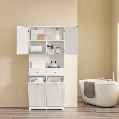 SoBuy BZR215-W Kylpyhuoneen korkea kaappi – 2 pyykkikoria ja 2 laatikkoa, 78x38x181 cm, suljettu kaappi avoimella hyllyllä – tilaa säästävä säilytysratkaisu WC:hen ja kylpyhuoneeseen