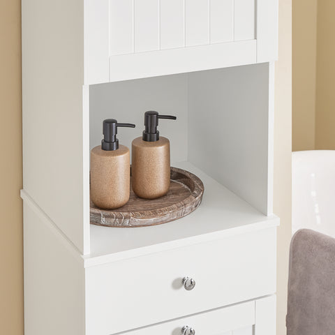 SoBuy BZR216-W Kylpyhuonekaappi Pyykkikorilla – 40x38x180 cm, Vetolaatikolla ja Säädettävällä Hyllyllä, Tilaa Säästävä Säilytyskaluste, Sopii Erinomaisesti WC:hen ja Kylpyhuoneeseen