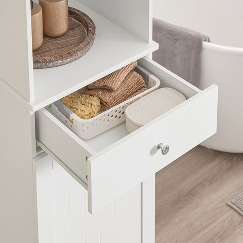 SoBuy BZR216-W Kylpyhuonekaappi Pyykkikorilla – 40x38x180 cm, Vetolaatikolla ja Säädettävällä Hyllyllä, Tilaa Säästävä Säilytyskaluste, Sopii Erinomaisesti WC:hen ja Kylpyhuoneeseen