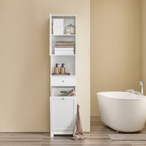 SoBuy BZR216-W Kylpyhuonekaappi Pyykkikorilla – 40x38x180 cm, Vetolaatikolla ja Säädettävällä Hyllyllä, Tilaa Säästävä Säilytyskaluste, Sopii Erinomaisesti WC:hen ja Kylpyhuoneeseen