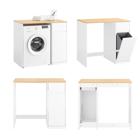 SoBuy BZR217-WN Pesukonemööbeli – Kylpyhuonekaluste pyykkikorilla ja laatikolla, pesukoneelle ja kuivausrummulle, puinen pesukonekaappi, valkoinen, 100 x 60 x 90 cm