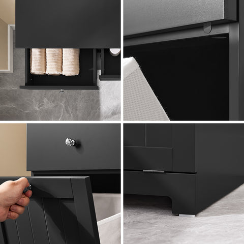 SoBuy BZR33-II-SCH kylpyhuoneen kaappi pyykkikorilla, säilytyskaappi 2 laatikolla ja suurella kapasiteetilla, ihanteellinen kylpyhuoneeseen, kodinhoitohuoneeseen tai asuntoon, L78 x S38 x K91 cm, musta