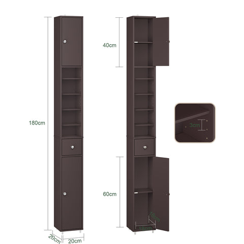 SoBuy BZR34-II-BR Kapea Kylpyhuoneen Säilytyskaappi – 180 cm Korkea Pylväsmallinen Kaappi, 1 Laatikkko, 2 Ovea ja 5 Avohyllyä, Säädettävät Hyllyt, Ruskea (20×20 cm)
