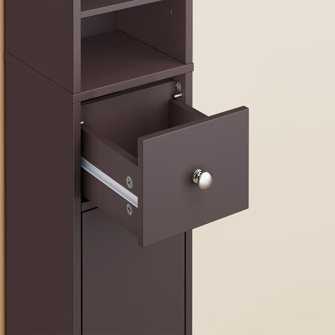 SoBuy BZR34-II-BR Kapea Kylpyhuoneen Säilytyskaappi – 180 cm Korkea Pylväsmallinen Kaappi, 1 Laatikkko, 2 Ovea ja 5 Avohyllyä, Säädettävät Hyllyt, Ruskea (20×20 cm)