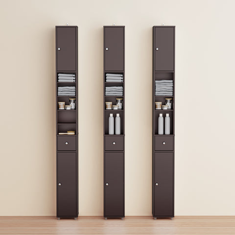 SoBuy BZR34-II-BR Kapea Kylpyhuoneen Säilytyskaappi – 180 cm Korkea Pylväsmallinen Kaappi, 1 Laatikkko, 2 Ovea ja 5 Avohyllyä, Säädettävät Hyllyt, Ruskea (20×20 cm)