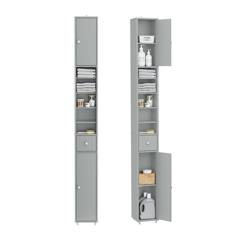 SoBuy BZR34-II-HG Kapea 20 cm Kylpyhuonekaappi – Vetolaatikolla ja Säädettävillä Hyllyillä | Kapea Säilytyskaappi WC:hen ja Pieniin Tilohin, Harmaa, 20×20×180 cm