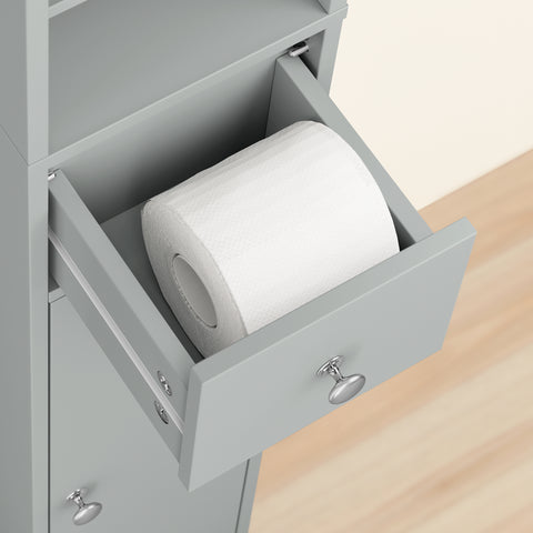 SoBuy BZR34-II-HG Kapea 20 cm Kylpyhuonekaappi – Vetolaatikolla ja Säädettävillä Hyllyillä | Kapea Säilytyskaappi WC:hen ja Pieniin Tilohin, Harmaa, 20×20×180 cm