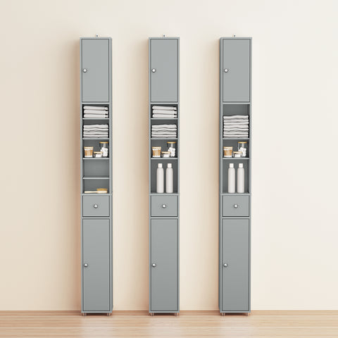 SoBuy BZR34-II-HG Kapea 20 cm Kylpyhuonekaappi – Vetolaatikolla ja Säädettävillä Hyllyillä | Kapea Säilytyskaappi WC:hen ja Pieniin Tilohin, Harmaa, 20×20×180 cm