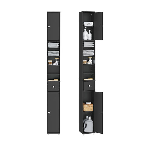 SoBuy BZR34-II-SCH Kapea Kylpyhuoneen Säilytyskaappi, 20×20×180 cm – Säädettävät Hyllyt ja Vetolaatikko, Kosteutta Kestävä Tilansäästökaappi WC:hen, Kylpyhuoneeseen tai Toimistoon – Musta