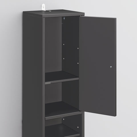 SoBuy BZR34-II-SCH Kapea Kylpyhuoneen Säilytyskaappi, 20×20×180 cm – Säädettävät Hyllyt ja Vetolaatikko, Kosteutta Kestävä Tilansäästökaappi WC:hen, Kylpyhuoneeseen tai Toimistoon – Musta