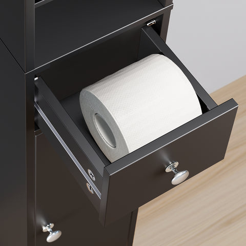 SoBuy BZR34-II-SCH Kapea Kylpyhuoneen Säilytyskaappi, 20×20×180 cm – Säädettävät Hyllyt ja Vetolaatikko, Kosteutta Kestävä Tilansäästökaappi WC:hen, Kylpyhuoneeseen tai Toimistoon – Musta