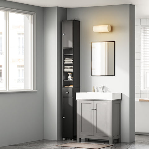 SoBuy BZR34-II-SCH Kapea Kylpyhuoneen Säilytyskaappi, 20×20×180 cm – Säädettävät Hyllyt ja Vetolaatikko, Kosteutta Kestävä Tilansäästökaappi WC:hen, Kylpyhuoneeseen tai Toimistoon – Musta