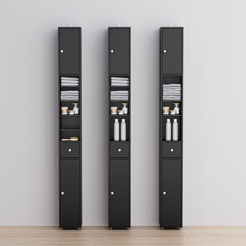 SoBuy BZR34-II-SCH Kapea Kylpyhuoneen Säilytyskaappi, 20×20×180 cm – Säädettävät Hyllyt ja Vetolaatikko, Kosteutta Kestävä Tilansäästökaappi WC:hen, Kylpyhuoneeseen tai Toimistoon – Musta