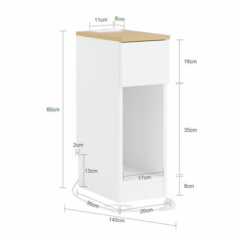 SoBuy FBT111-E-WN kapea yöpöytä 20 cm leveä – USB-portilla, laatikolla ja hyllyllä, makuuhuoneeseen tai olohuoneeseen, valkoinen & puunvärinen, 20 x 35 x 60 cm