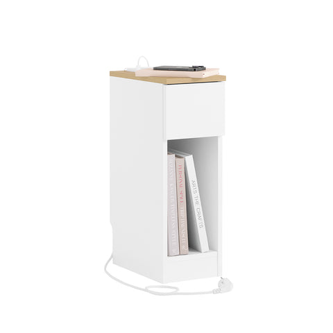 SoBuy FBT111-E-WN kapea yöpöytä 20 cm leveä – USB-portilla, laatikolla ja hyllyllä, makuuhuoneeseen tai olohuoneeseen, valkoinen & puunvärinen, 20 x 35 x 60 cm