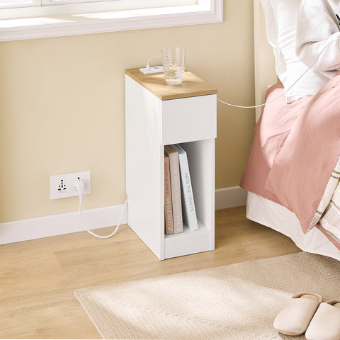 SoBuy FBT111-E-WN kapea yöpöytä 20 cm leveä – USB-portilla, laatikolla ja hyllyllä, makuuhuoneeseen tai olohuoneeseen, valkoinen & puunvärinen, 20 x 35 x 60 cm