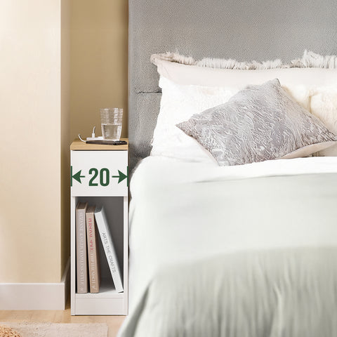 SoBuy FBT111-E-WN kapea yöpöytä 20 cm leveä – USB-portilla, laatikolla ja hyllyllä, makuuhuoneeseen tai olohuoneeseen, valkoinen & puunvärinen, 20 x 35 x 60 cm