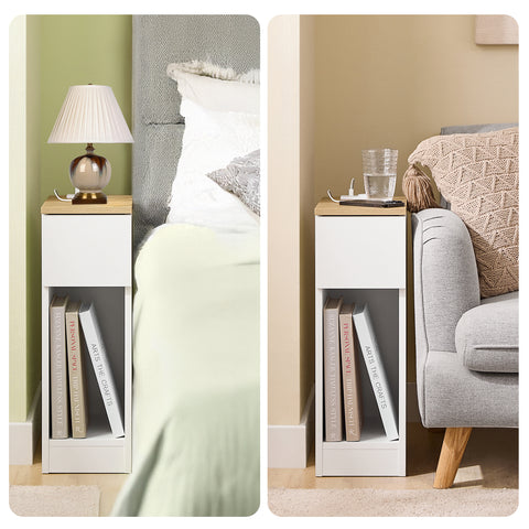 SoBuy FBT111-E-WN kapea yöpöytä 20 cm leveä – USB-portilla, laatikolla ja hyllyllä, makuuhuoneeseen tai olohuoneeseen, valkoinen & puunvärinen, 20 x 35 x 60 cm