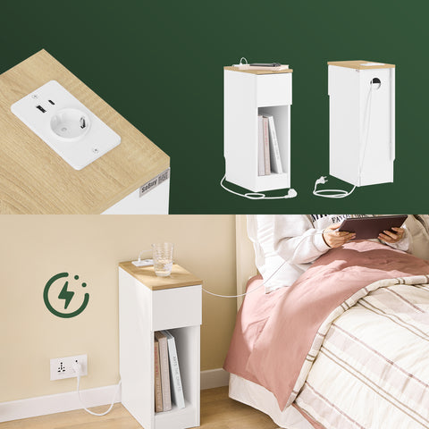 SoBuy FBT111-E-WN kapea yöpöytä 20 cm leveä – USB-portilla, laatikolla ja hyllyllä, makuuhuoneeseen tai olohuoneeseen, valkoinen & puunvärinen, 20 x 35 x 60 cm