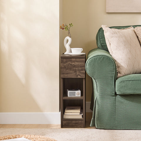 SoBuy FBT111-SN kapea ja siro yöpöytä laatikolla ja kahdella hyllyllä – yöpöydäksi, sivupöydäksi tai sängyn viereen – säilytysratkaisu makuuhuoneeseen tai olohuoneeseen, ruskea, 20 x 35 x 60 cm