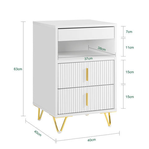 SoBuy FBT168-W Yöpöytä, Sängynvieruspöytä 3 laatikolla ja hyllyllä, Moderni Sivupöytä Makuuhuoneeseen ja Olohuoneeseen, Valkoinen L40 x S40 x K63 cm