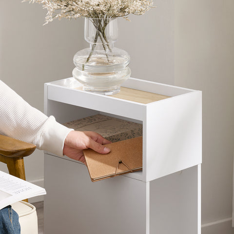 SoBuy FBT171-WN Kapea Yöpöytä Laatikkolla ja Hyllyllä – Moderni Sivu­pöytä Makuuhuoneeseen ja Olohuoneeseen, Valkoinen, 20 × 35 × 60 cm
