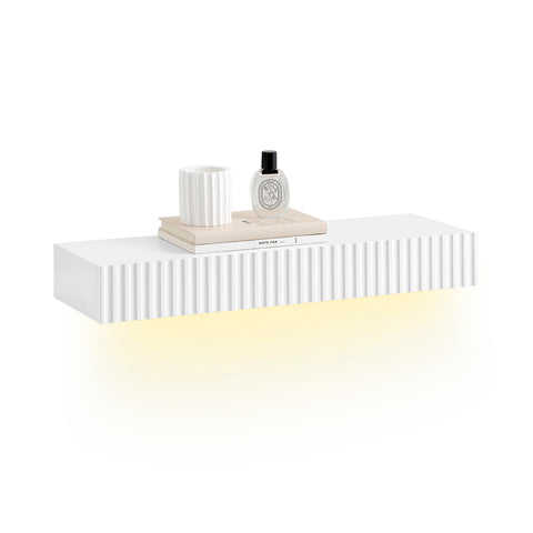 SoBuy FHK38-W Kelluva Seinä­hylly laatikolla ja liiketunnistimella varustetulla LED-valaistuksella, makuuhuoneeseen, eteiseen & olohuoneeseen, paristokäyttöinen, 60 × 20 × 8 cm, valkoinen