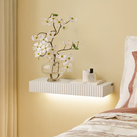 SoBuy FHK38-W Kelluva Seinä­hylly laatikolla ja liiketunnistimella varustetulla LED-valaistuksella, makuuhuoneeseen, eteiseen & olohuoneeseen, paristokäyttöinen, 60 × 20 × 8 cm, valkoinen