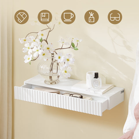 SoBuy FHK38-W Kelluva Seinä­hylly laatikolla ja liiketunnistimella varustetulla LED-valaistuksella, makuuhuoneeseen, eteiseen & olohuoneeseen, paristokäyttöinen, 60 × 20 × 8 cm, valkoinen