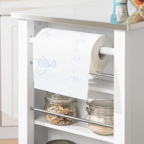 Sobuy köögisaar ratastega puitkiust ja roostevabast metallist valge FKW108-W